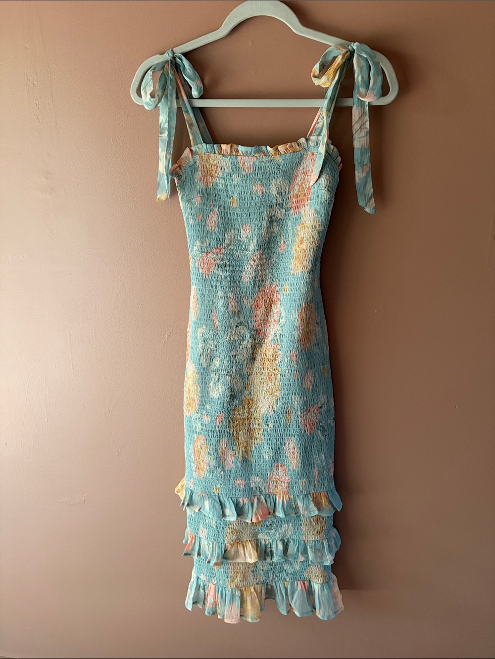 Abercrombie & Fitch Aqua Floral Tie-Shoulder Smocked Midi Dress